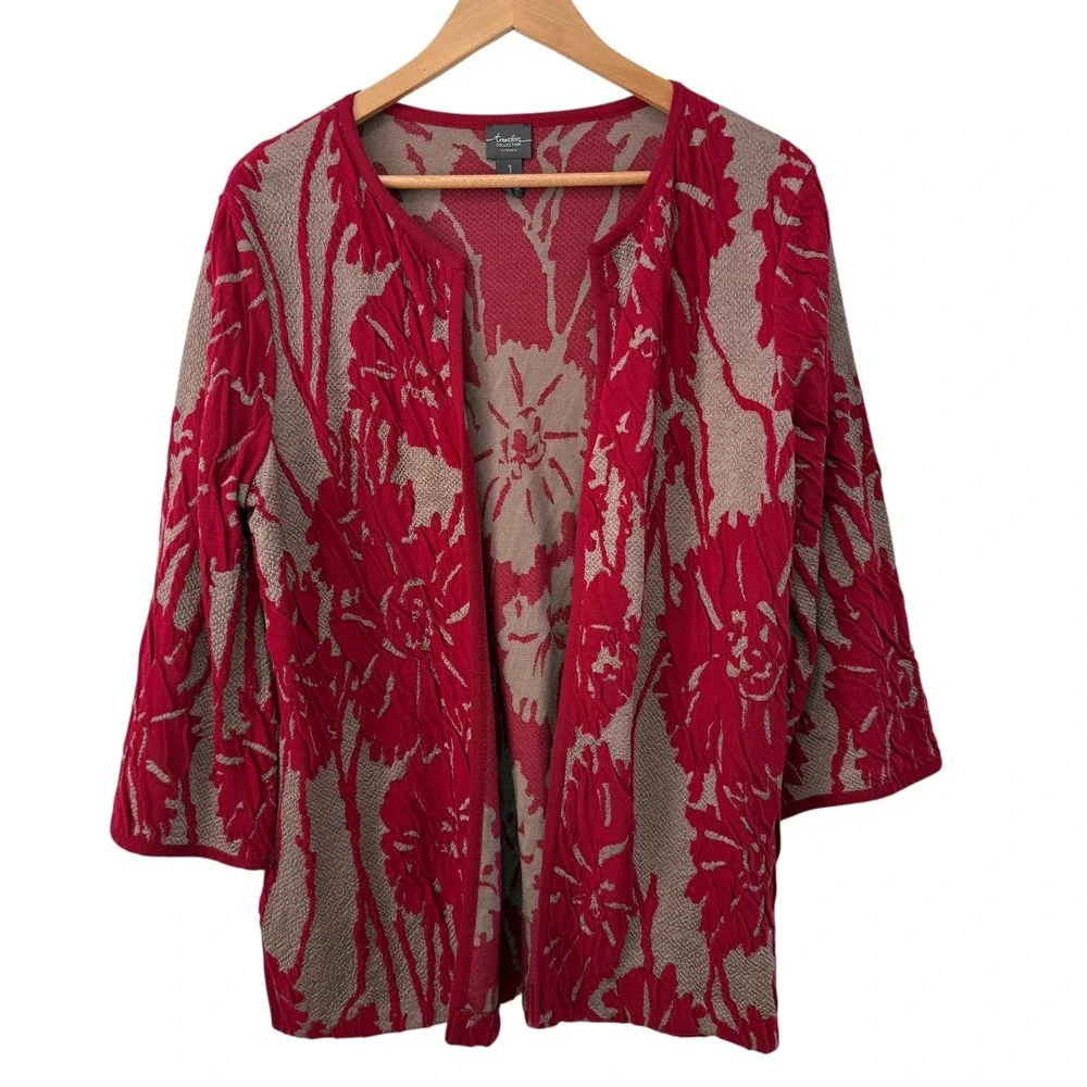 Chico's Travelers Exploded Floral Textured Open Cardigan Sz M Red Gold Old Money